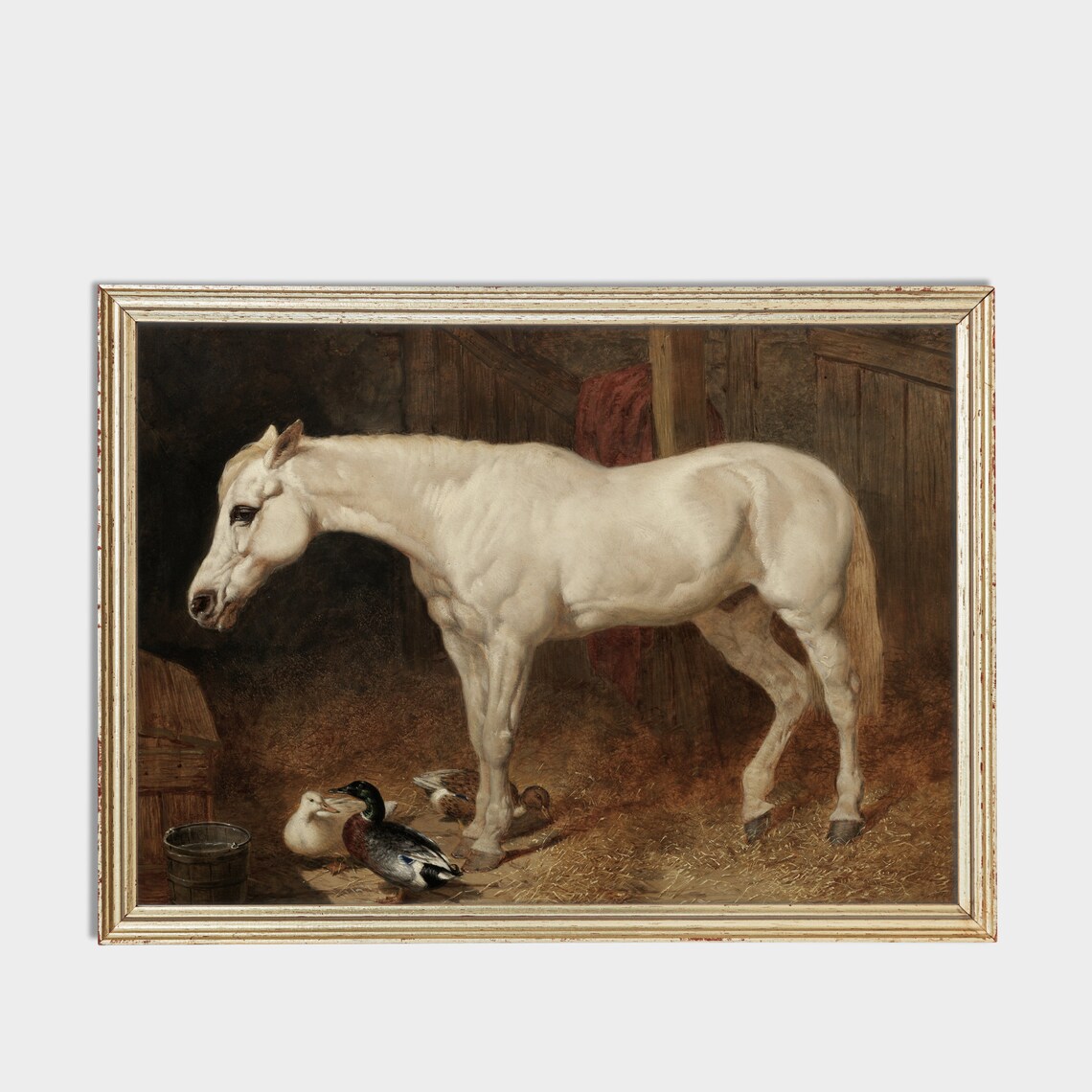 White Horse in Stable with Mallard Ducks Antique Animal Print - Image 3