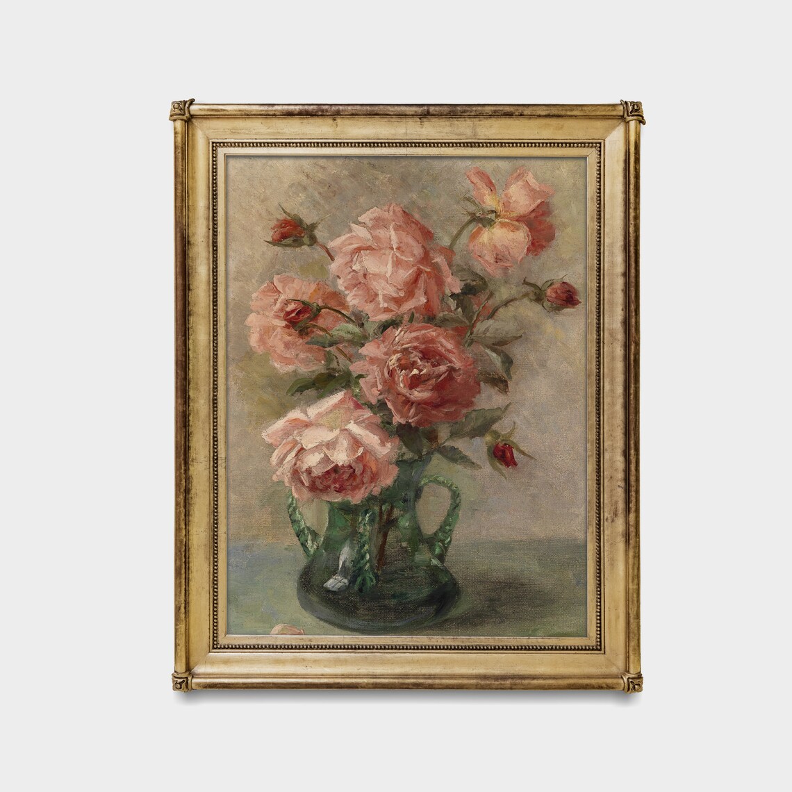 Pink Roses in a Green Glass Vase Antique Floral Still Life Poster - Image 4