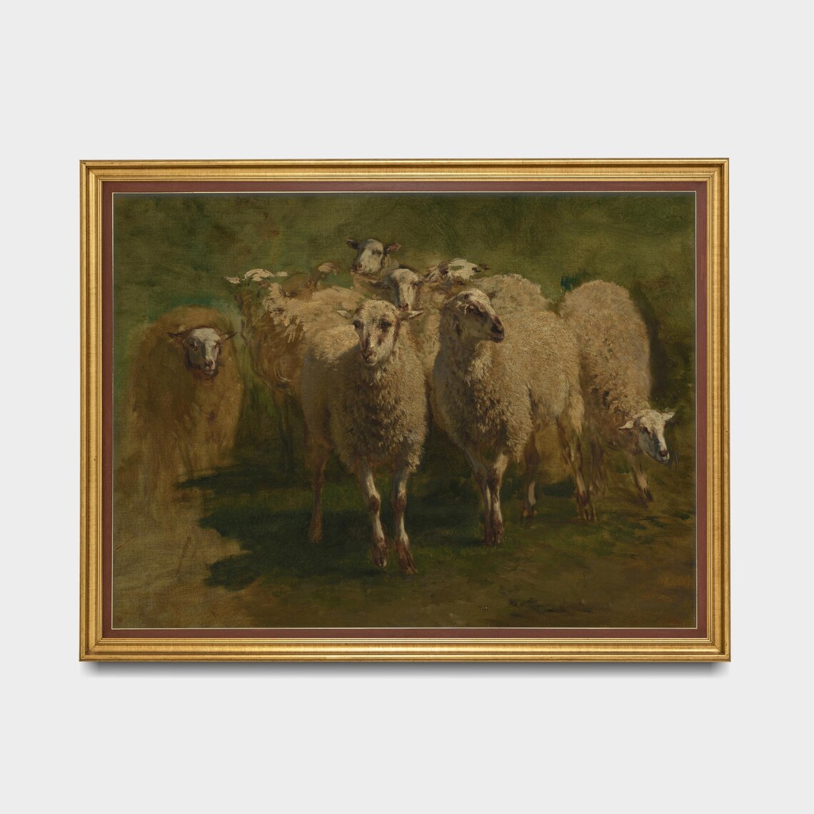 Flock of Sheep Moody Green Vintage Pastoral Oil Painting Poster - Image 5
