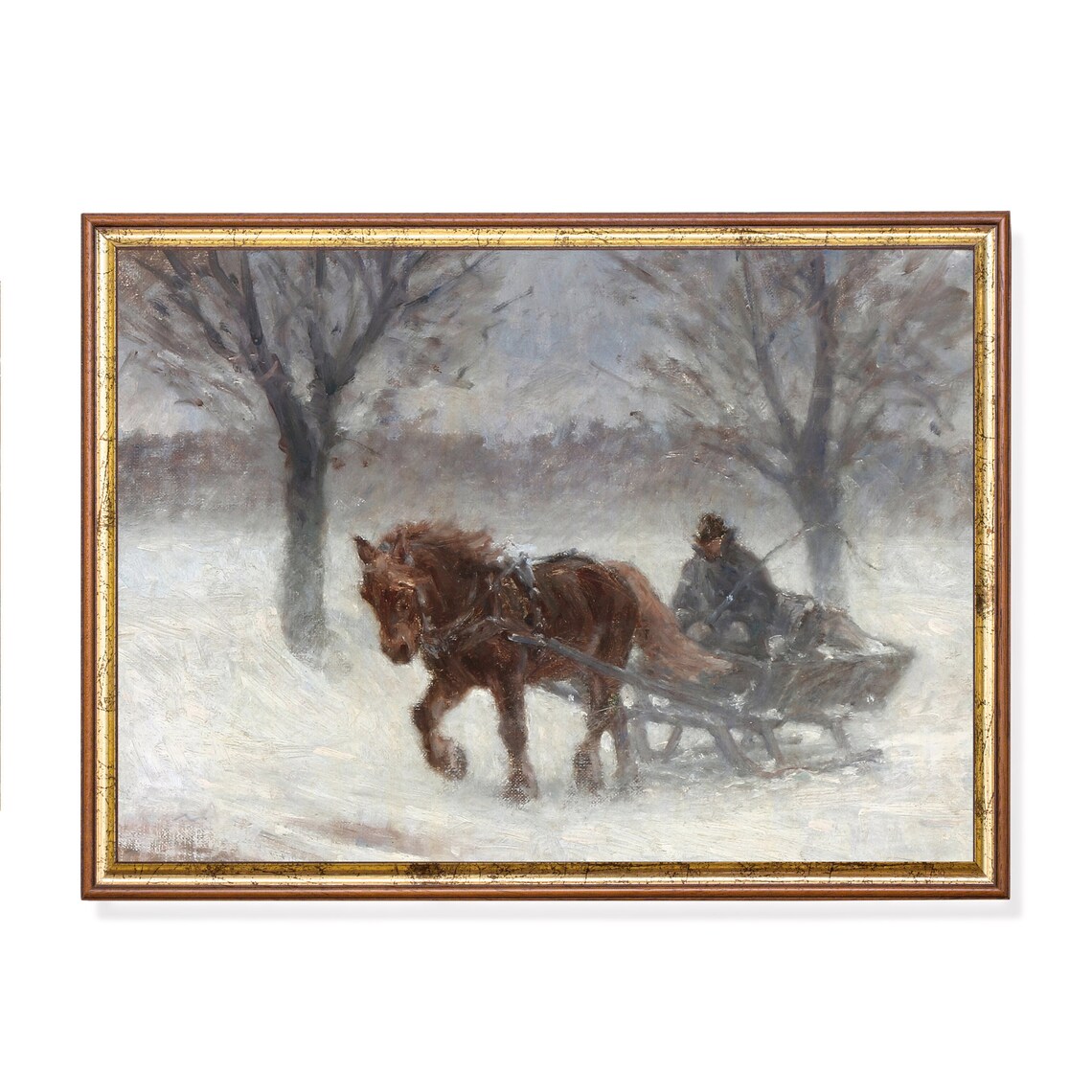 Sleigh Ride in Snow, Vintage Christmas Art Print