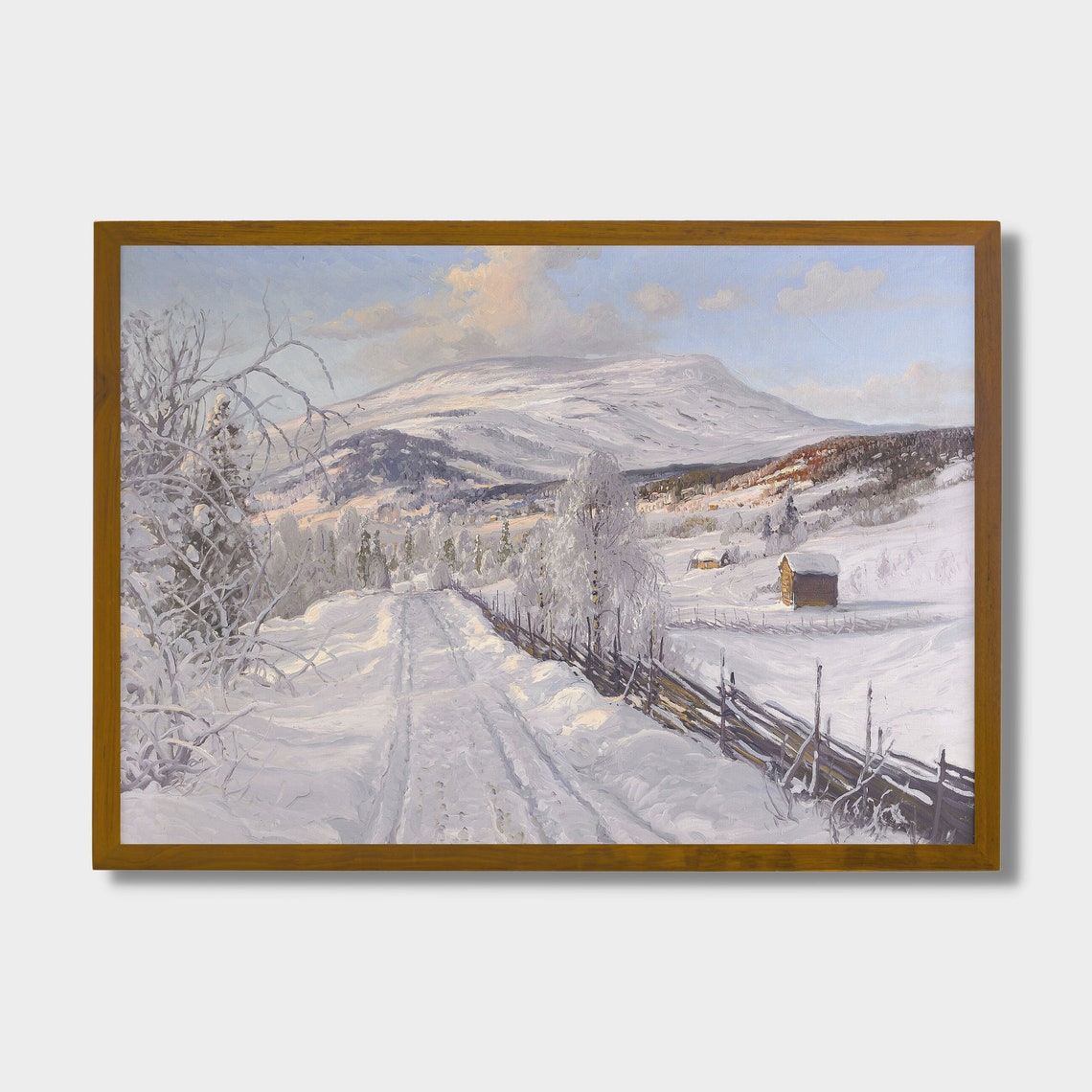 Snowy Mountain Valley Road with Frost-Covered Trees Scenic Poster - Image 3