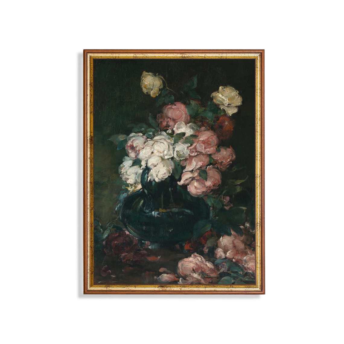Moody Pink and White Roses in a Dark Vase Still Life Oil Poster