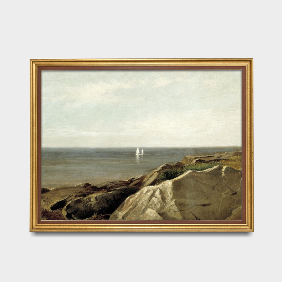Rocky Coast with a Distant Sailboat Vintage Seascape Art Poster - Image 2