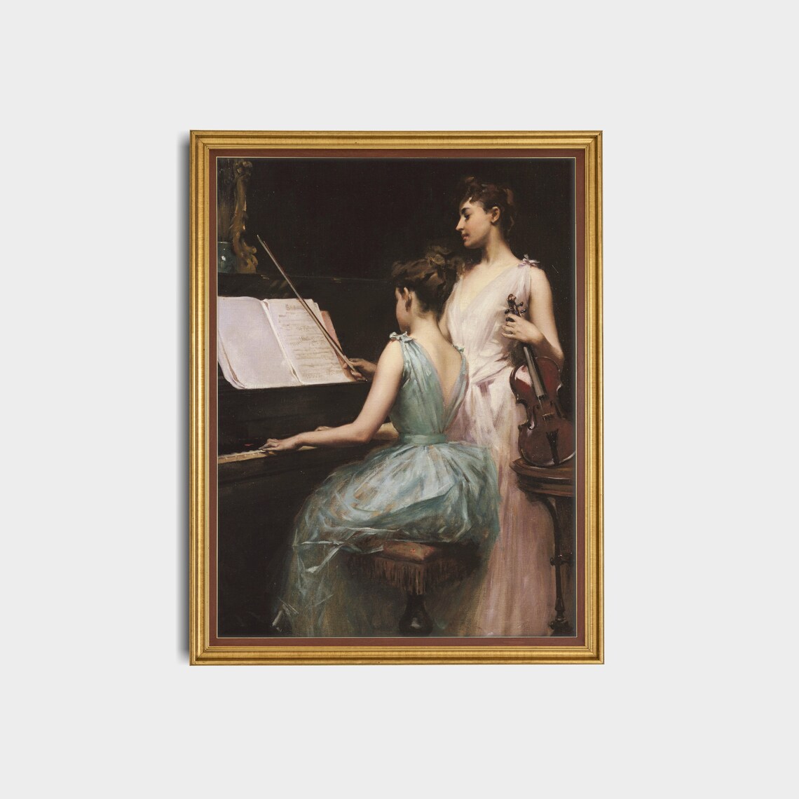 Two Young Women With Piano and Violin Vintage Music Painting Poster - Image 3