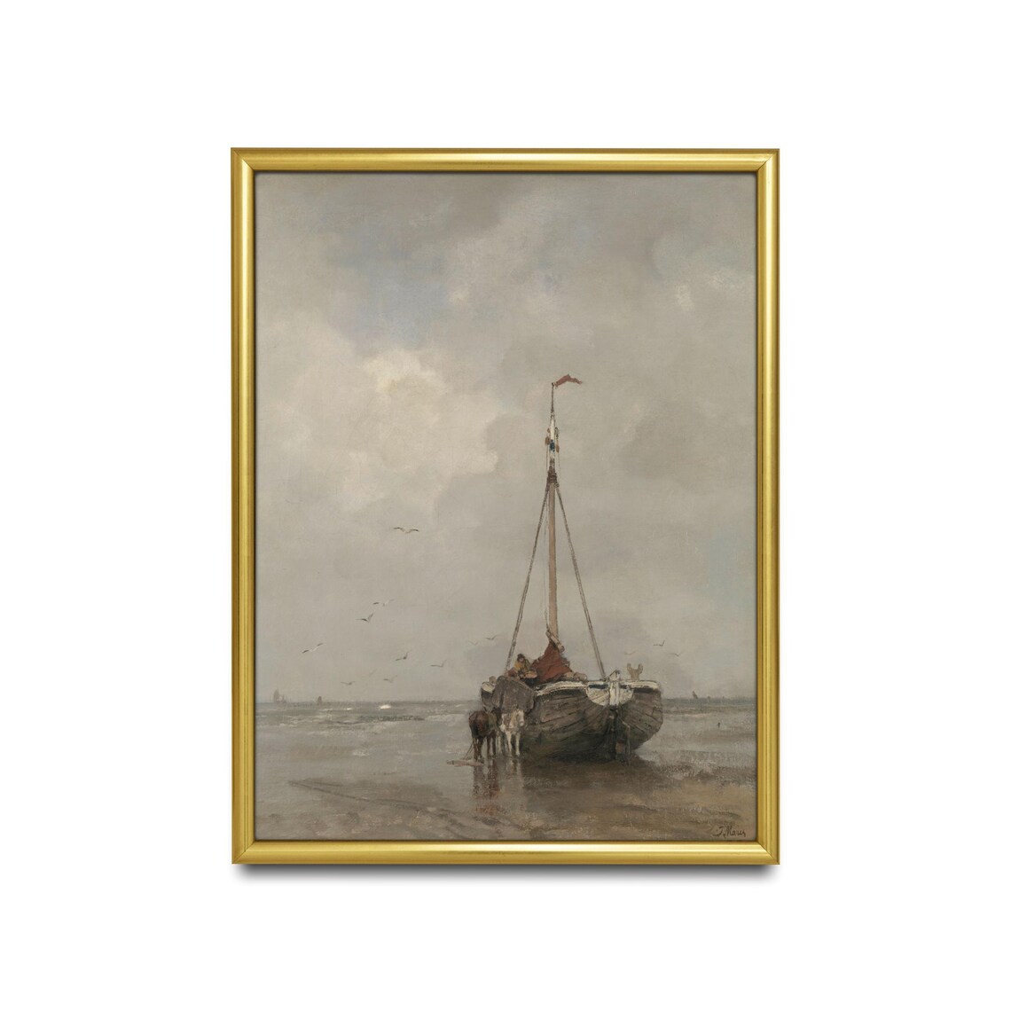 Fishing Boat Anchored on a Misty Beach at Low Tide Seascape Poster - Image 2