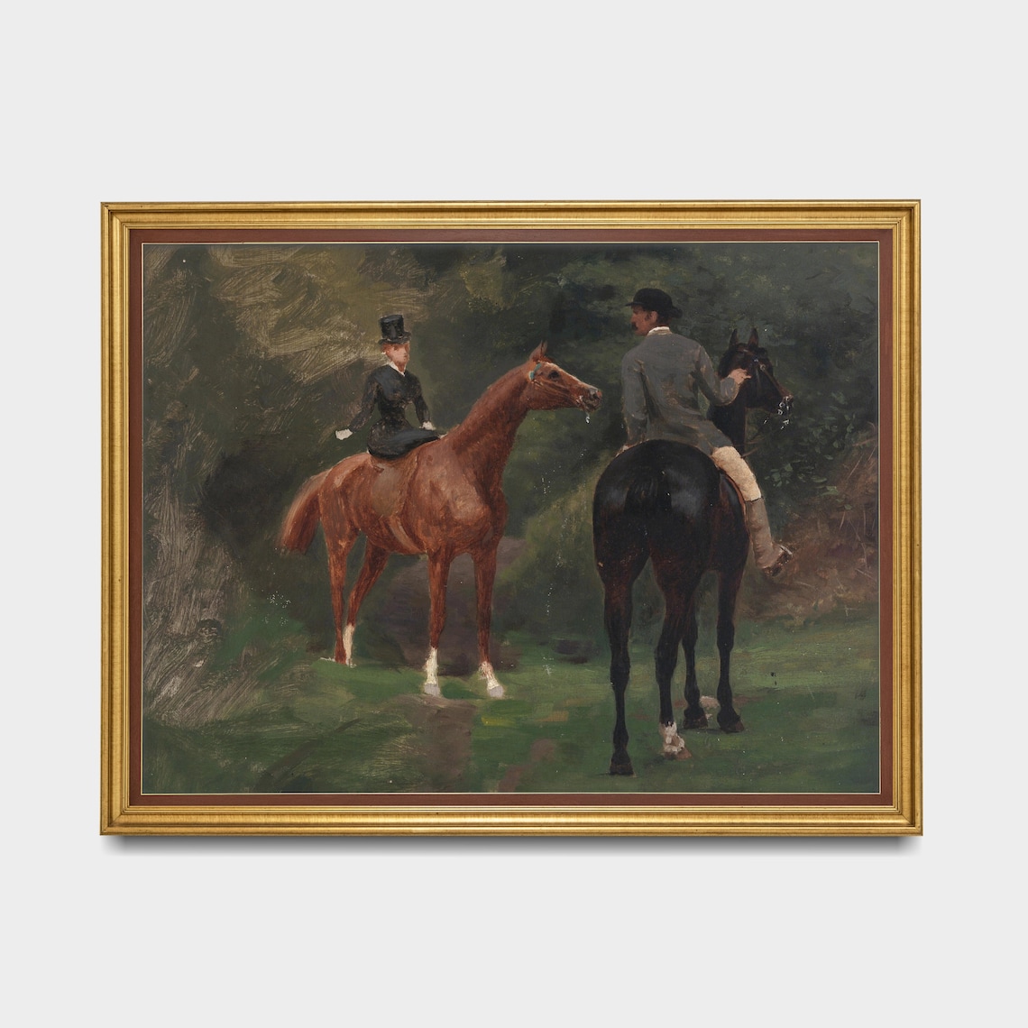 Lady Rider and Gentleman Horseback Woodland Trail Vintage Poster - Image 3