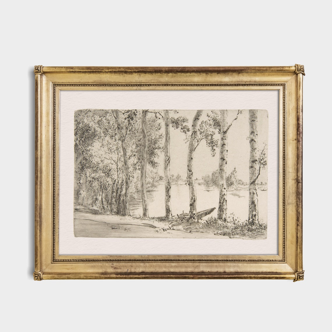 Tall Poplar Trees by a River with a Moored Boat Etching Poster - Image 4
