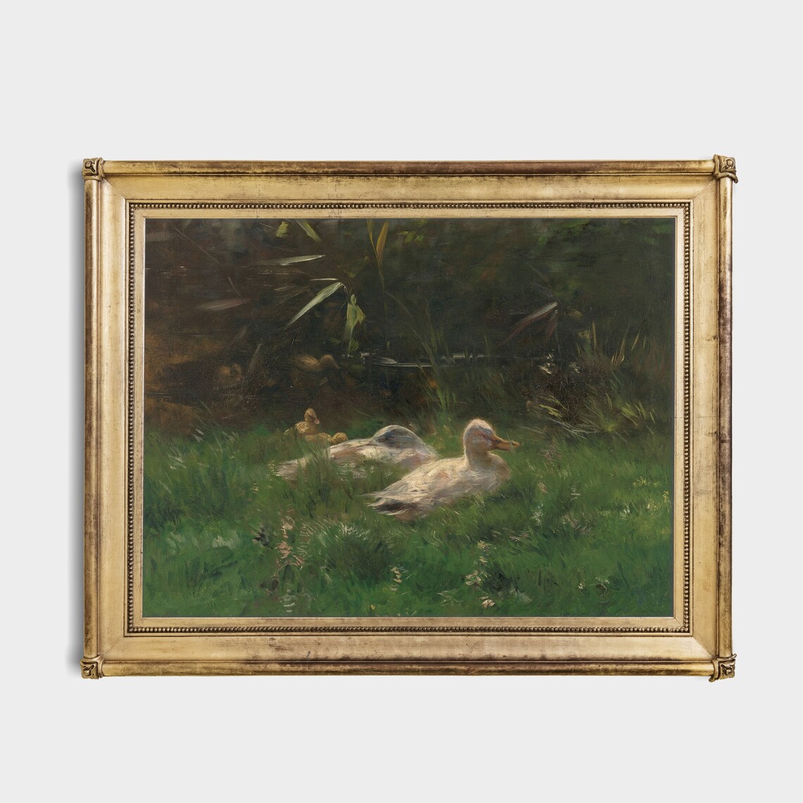 Mother Duck With Ducklings by a Pond Vintage Animal Painting Poster - Image 2