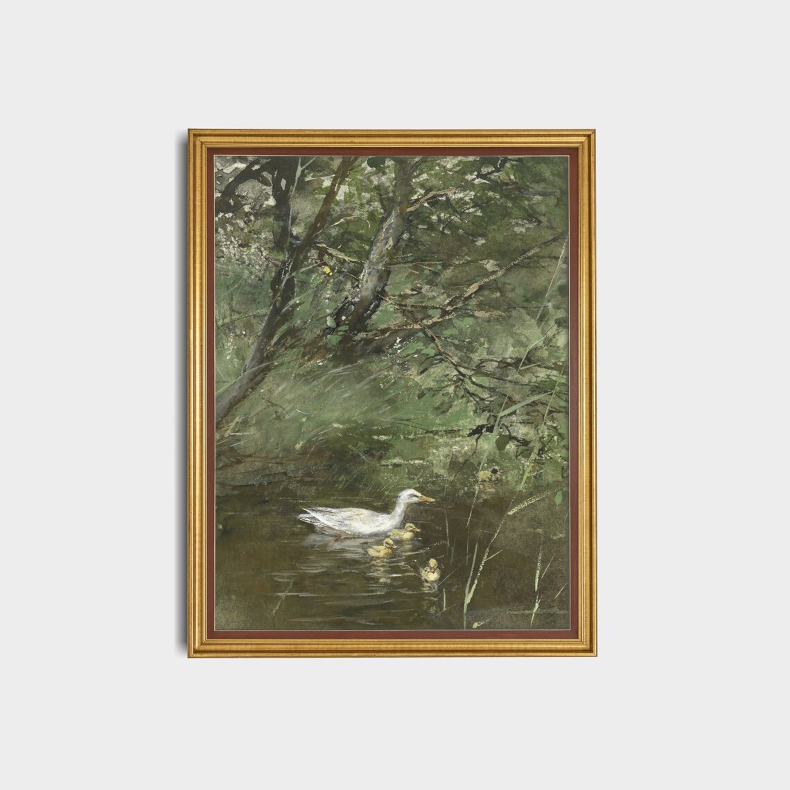 White Duck With Ducklings in a Woodland Pond Painting Poster - Image 3