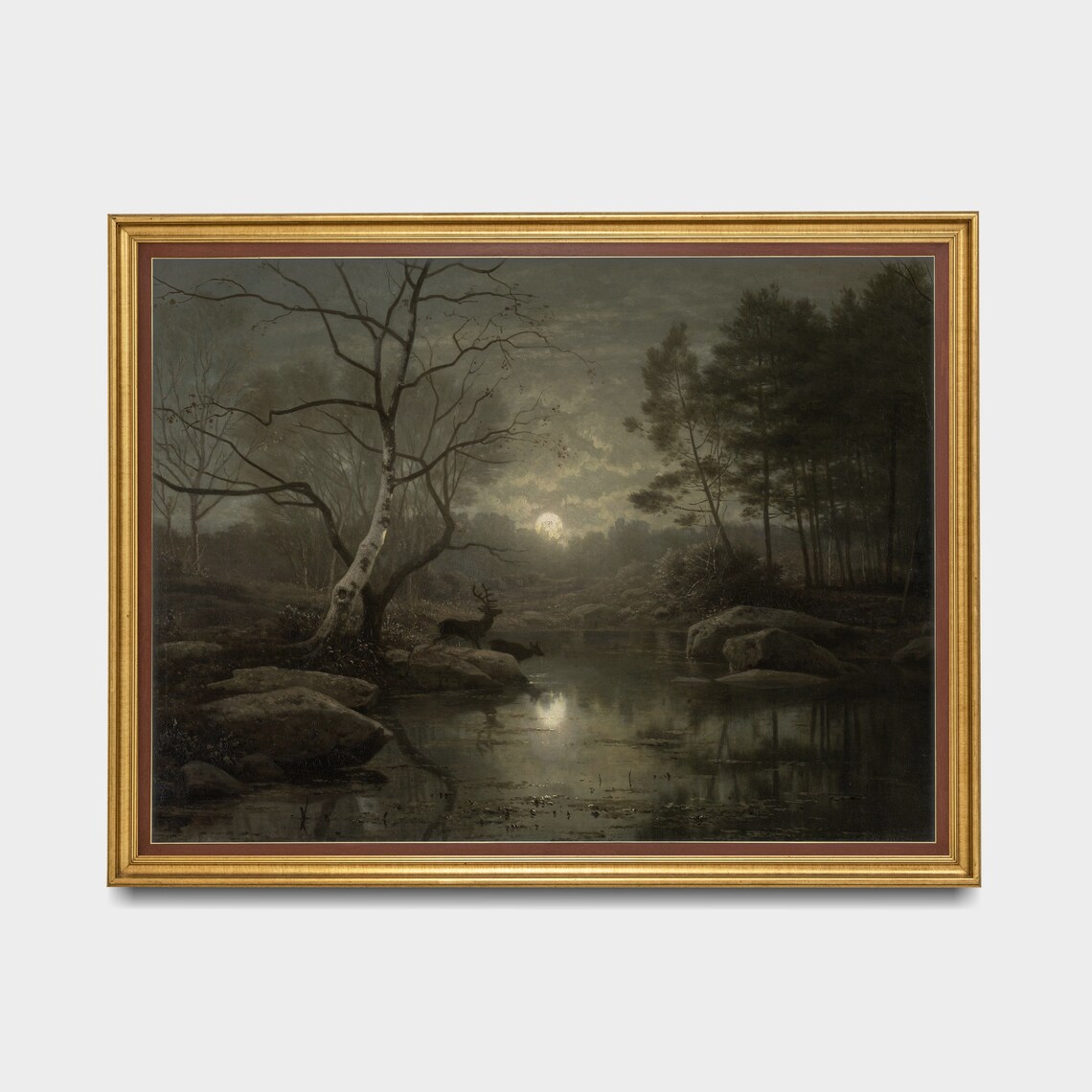 Moonlit Forest with Deer at Still Water Night Landscape Print - Image 5