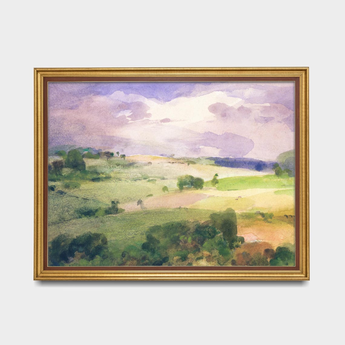 Serene Rolling Hills Soft Purple Clouds Watercolor Landscape Poster - Image 5