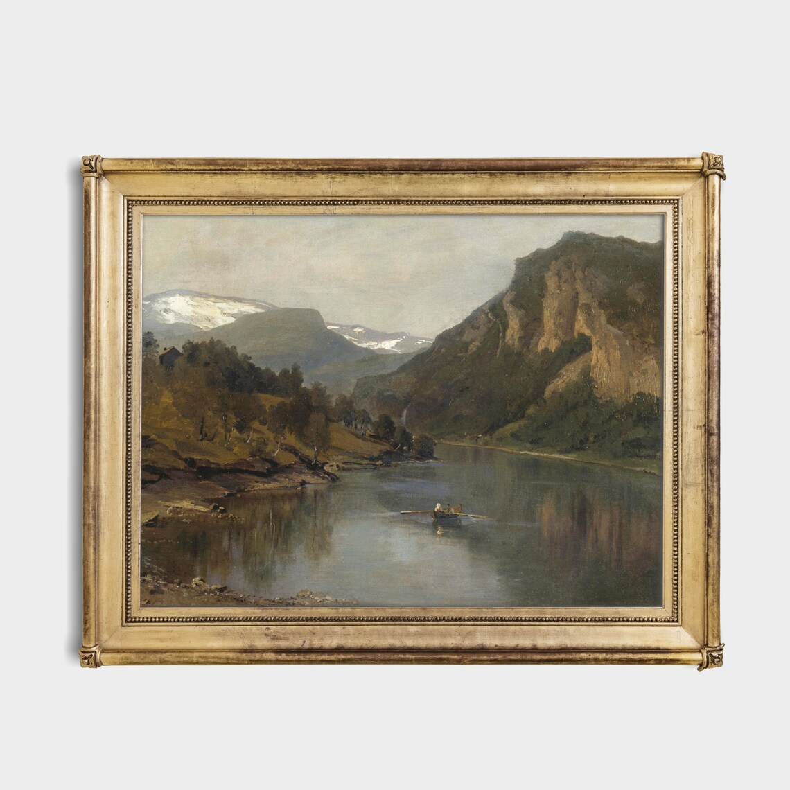 Vintage Mountain Fjord Lake With Rowboat Landscape Art Poster - Image 4