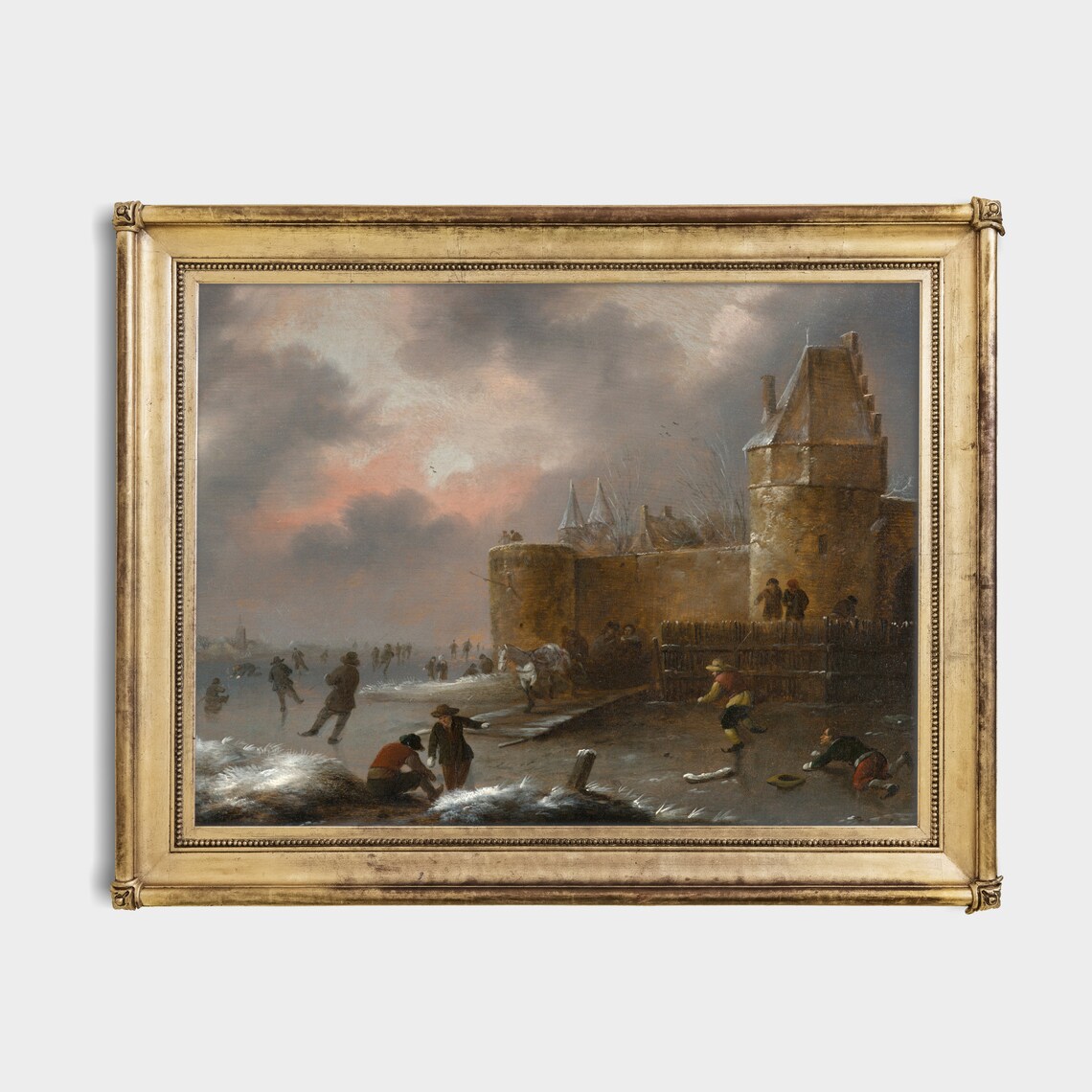 Ice Skaters By Dutch Castle Walls At Dusk Vintage Winter Poster - Image 2