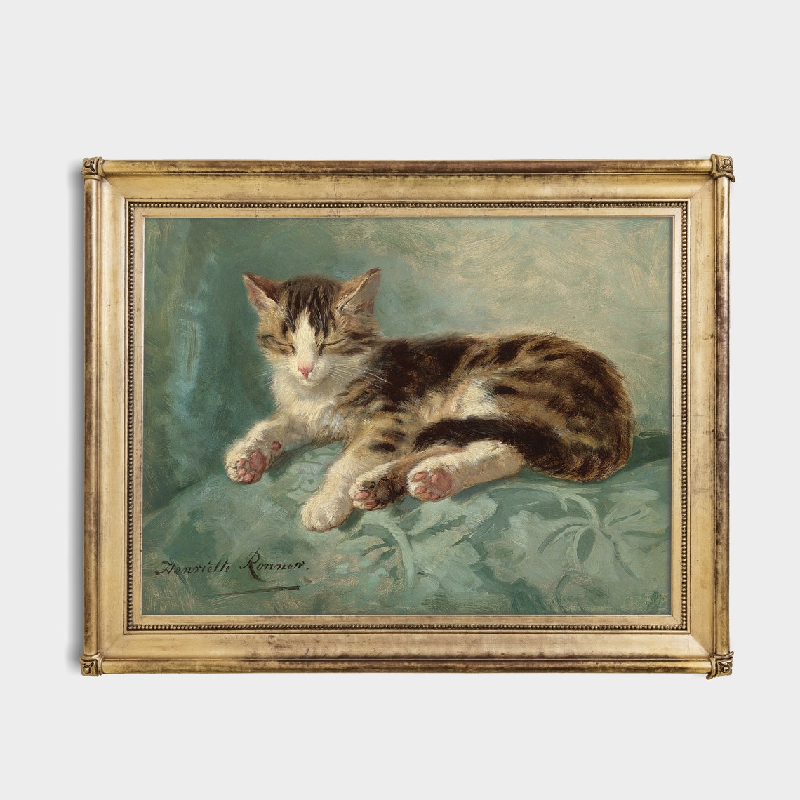 Sleeping Tabby Kitten on a Green Cushion Vintage Cat Painting Poster - Image 2