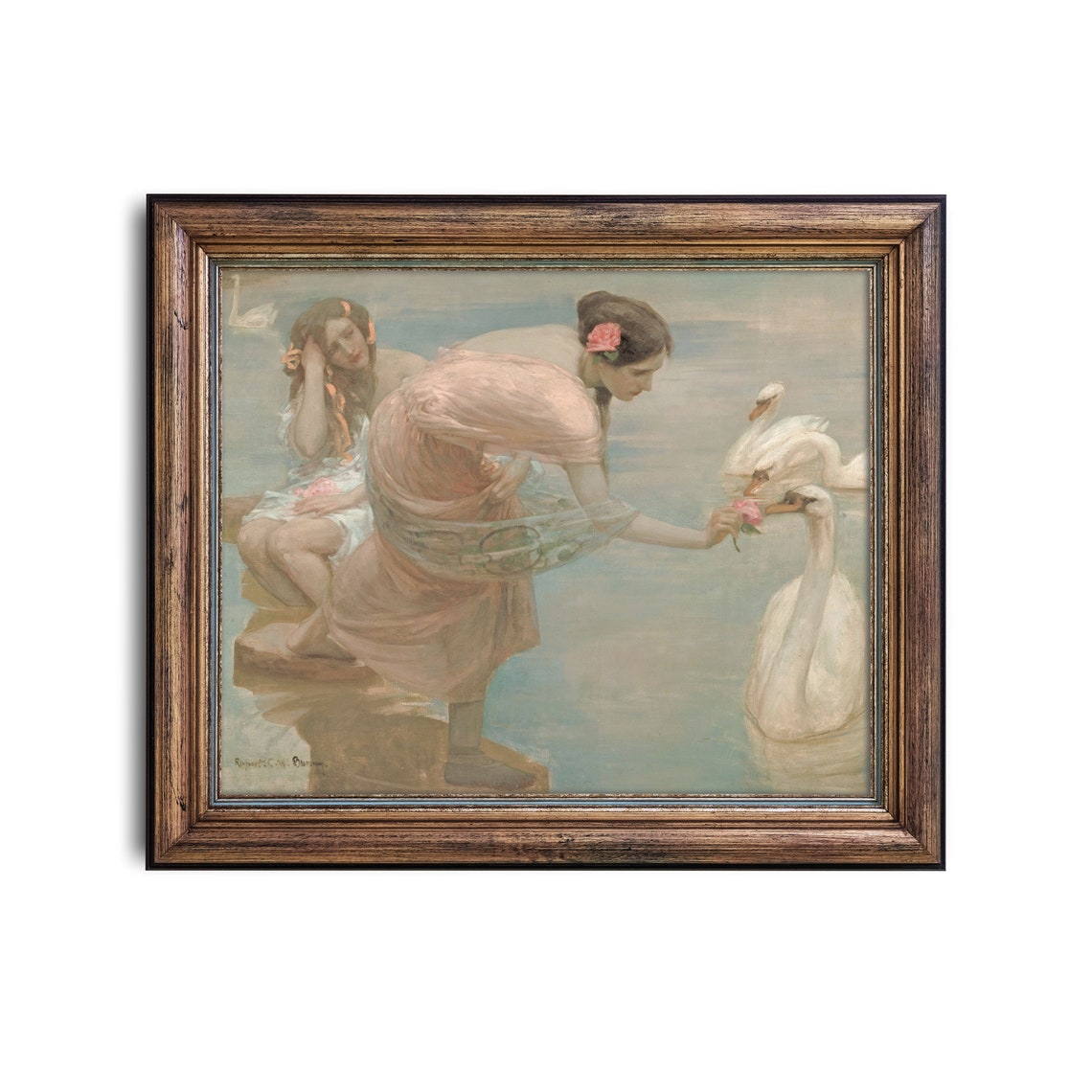 Two Classical Maidens Feeding Swans by the Waters Edge Poster - Image 3