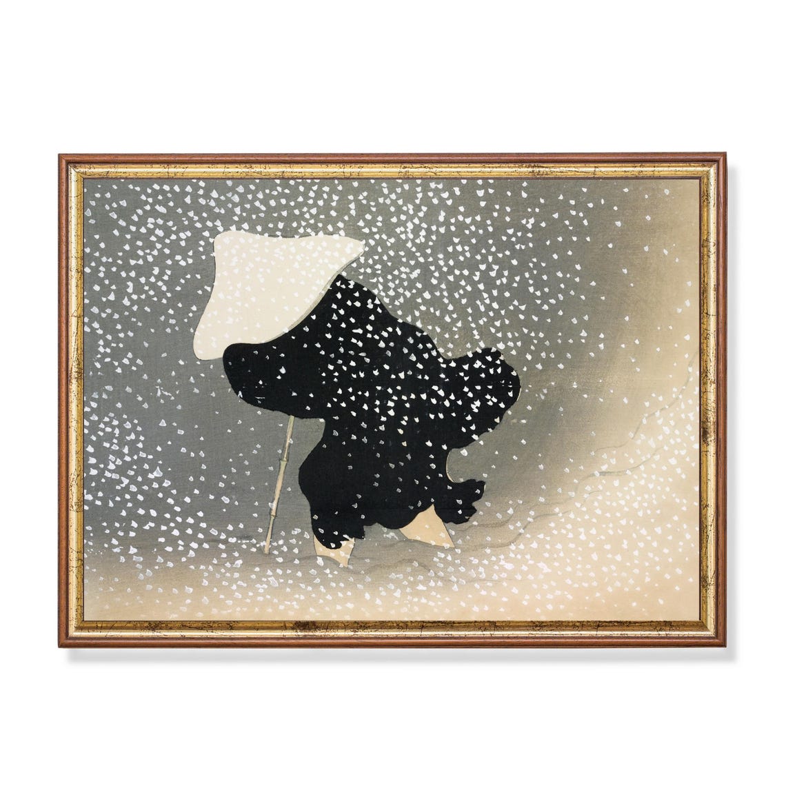Japanese Figure Umbrella Walking Snowstorm Winter Vintage Art Poster