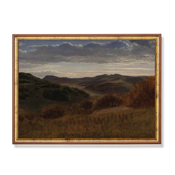 Vintage Mountain Landscape Country Landscape Oil Painting Print Moody Rustic Wall Art Farmhouse Decor