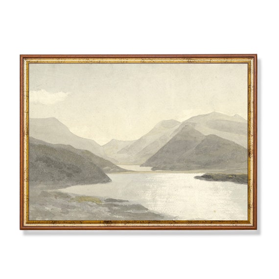 Print And Ship Vintage Lake Painting Antique Mountain Landscape Neutral Watercolor Art Muted Farmhouse Decor Mailed Print