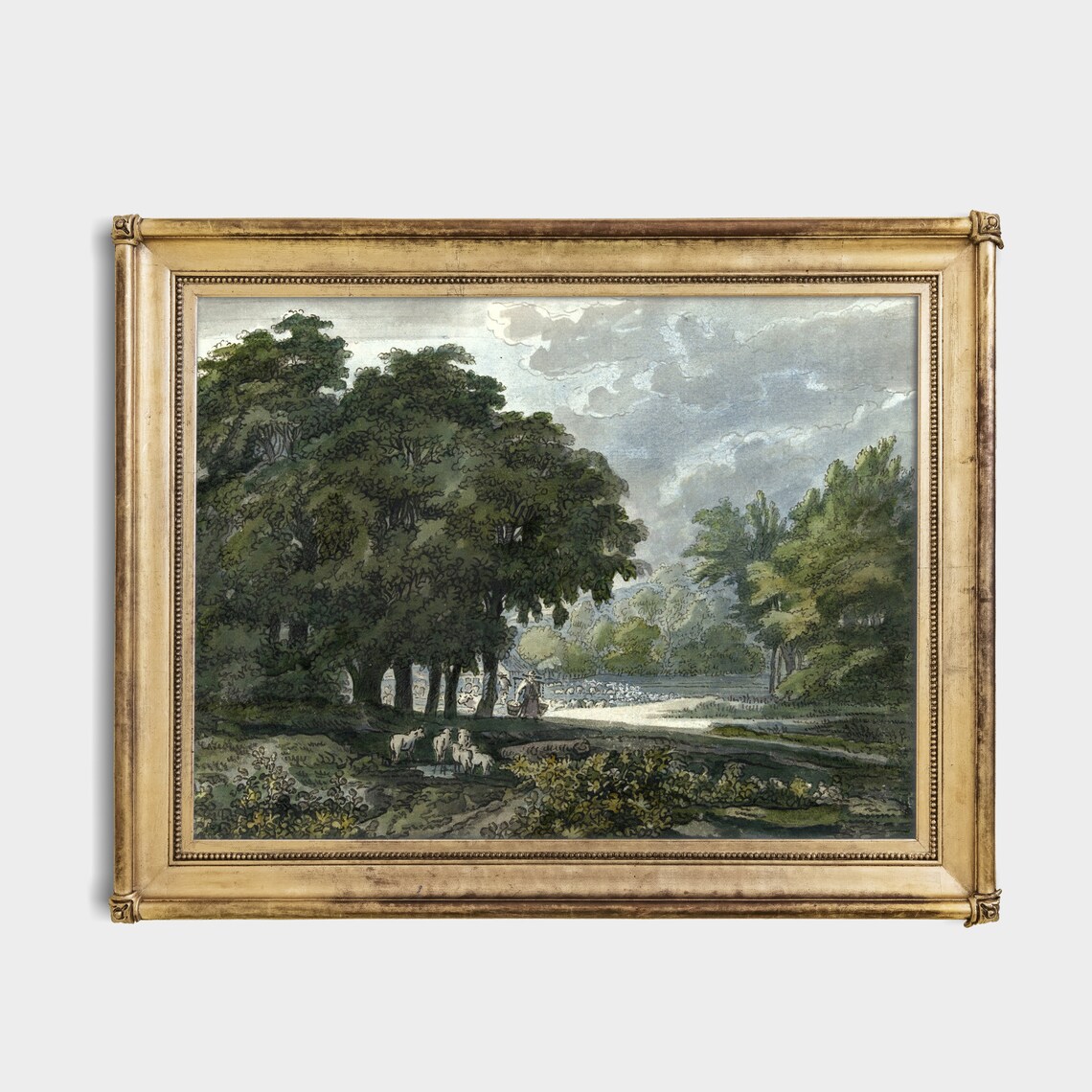 Sheep Drinking at a Woodland Pond with a Shepherd Pastoral Poster - Image 2
