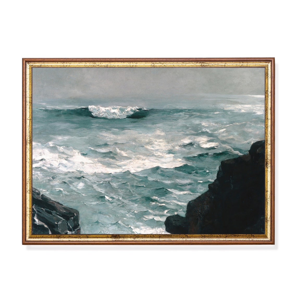 Waves Crashing On Dark Rocky Cliffs Dramatic Seascape Poster