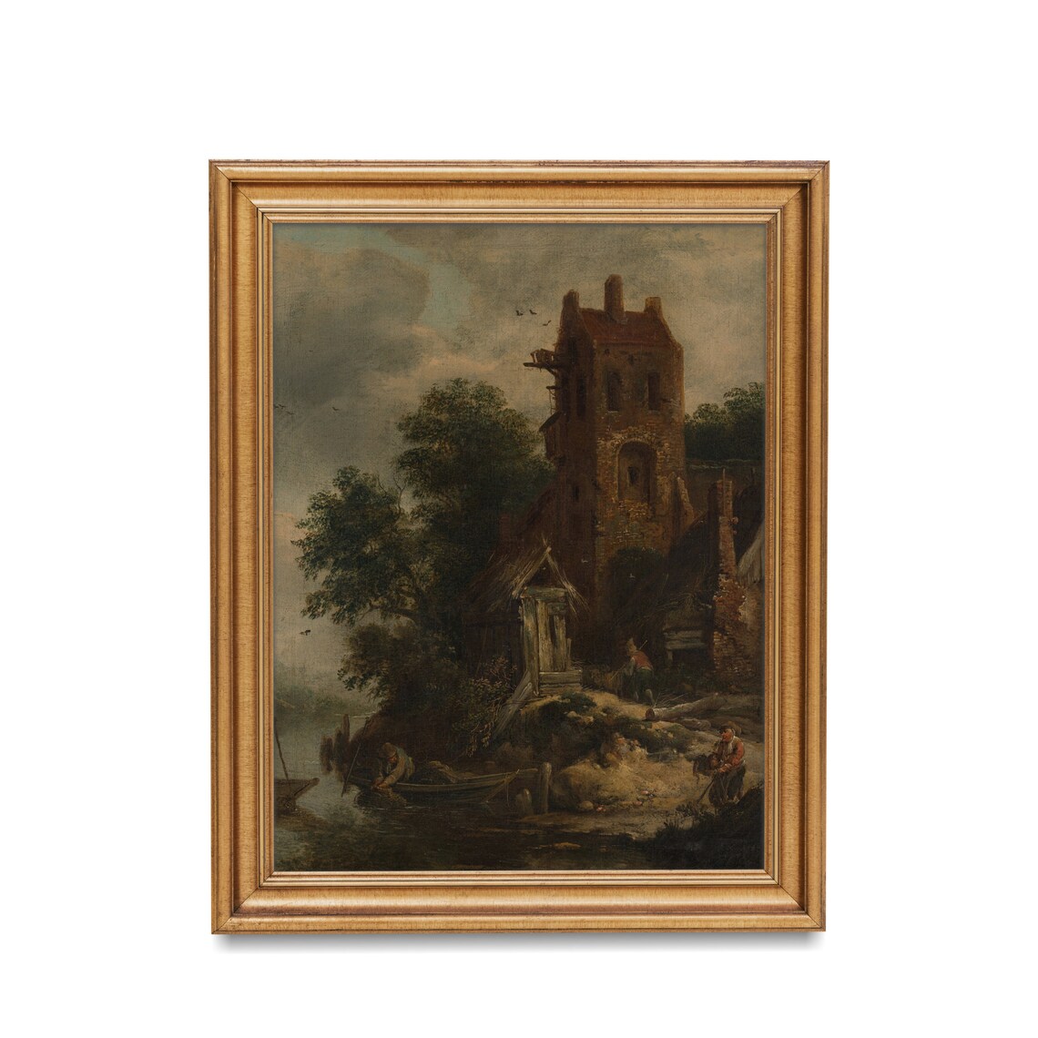 Dutch River Scene With Ruined Brick Tower and Fishermen Antique Poster - Image 3