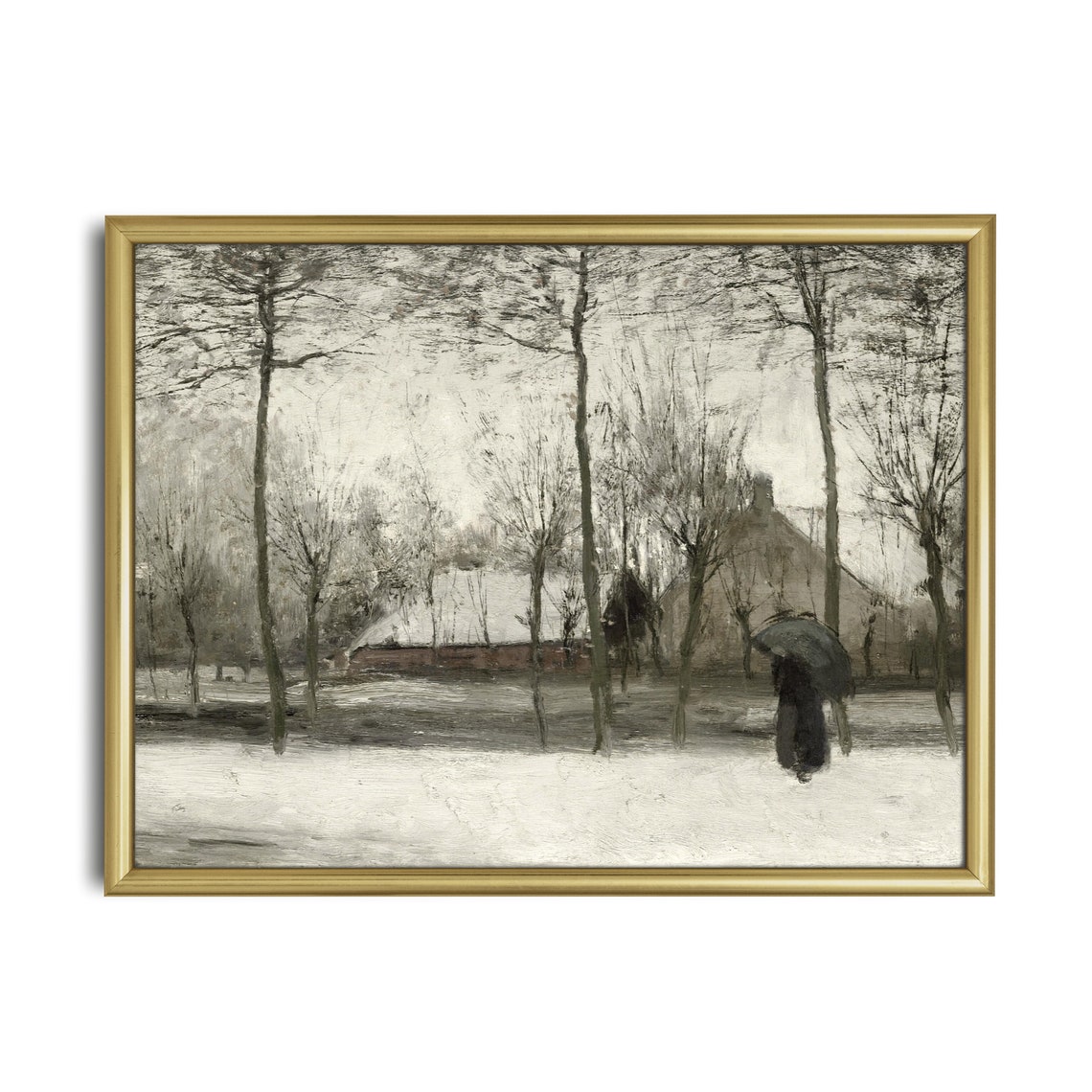 Lone Figure With Umbrella in a Quiet Gray Winter Snowfall Poster - Image 2