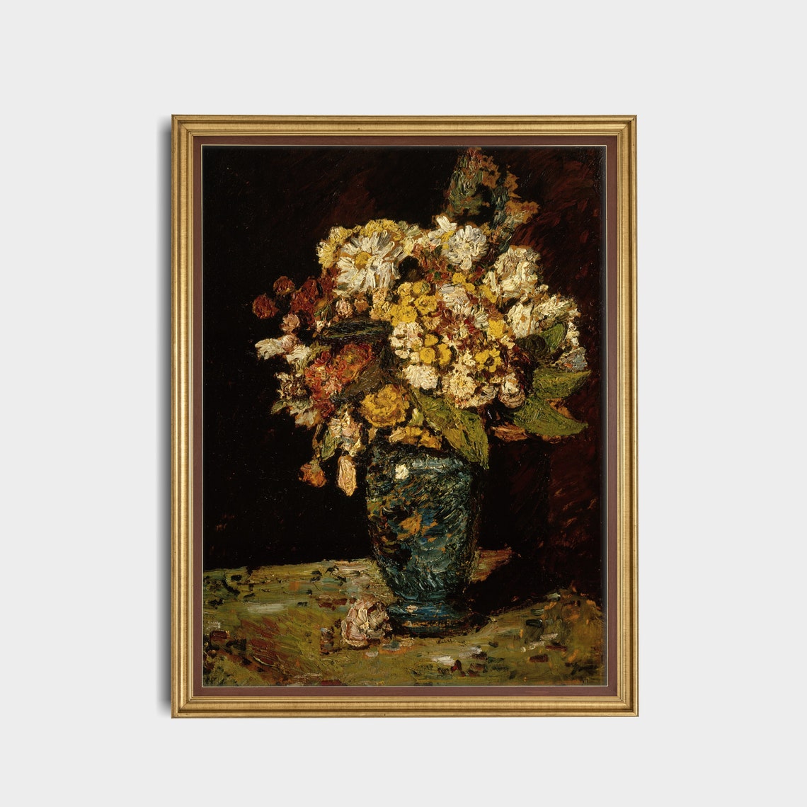 Vintage Still Life With Flowers Antique Floral Painting Fall Home Decor Rustic Moody Fine Art Wall Art - Image 2