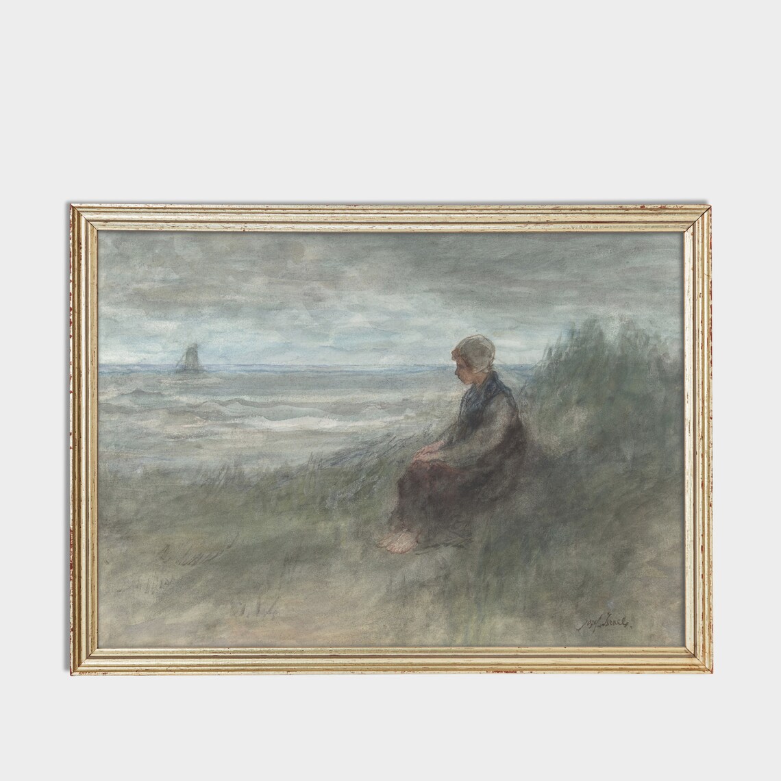 Barefoot Woman Seated in Coastal Dunes Impressionist Painting Print - Image 3