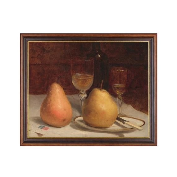 Printed And Shipped Vintage Still Life With Pears Antique Kitchen Decor Fruits Painting Physical Prints Two Pears On A Table