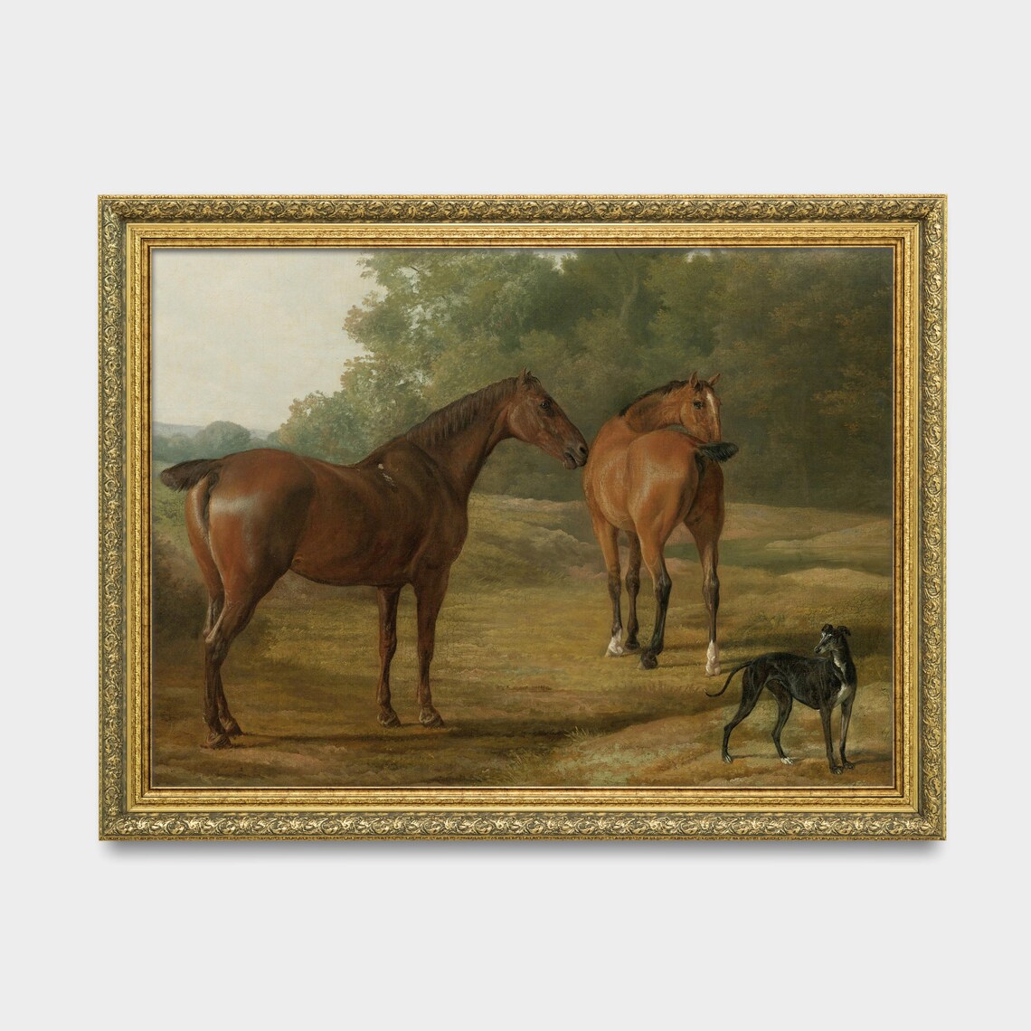 Two Bay Horses with a Black Greyhound in a Pasture Equestrian Poster - Image 3