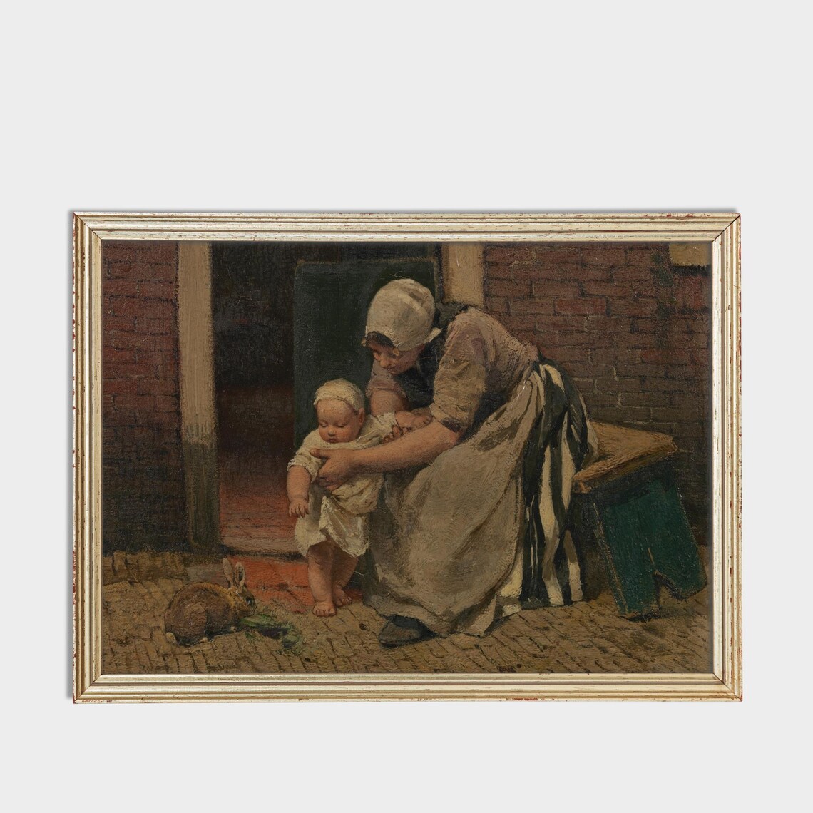 Mother Helping Toddler Walk with Rabbit Vintage Genre Poster - Image 3