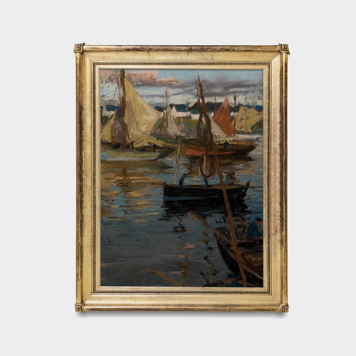 Moody Sailboat Harbor at Dusk Vintage Coastal Oil Painting Poster - Image 3