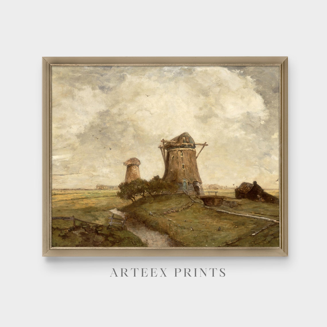 Dutch Windmills Under Cloudy Sky Canal Vintage Landscape Poster - Image 4