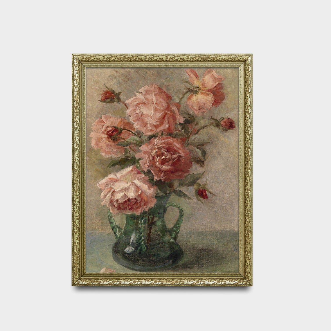 Pink Roses in a Green Glass Vase Antique Floral Still Life Poster - Image 2