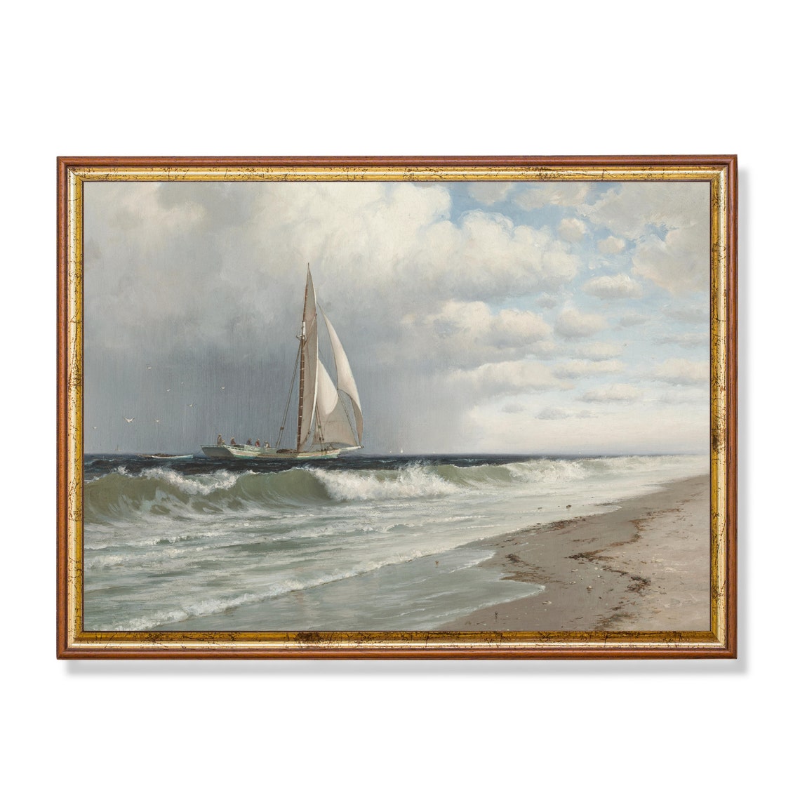 Sailboat with White Sails Near the Shore Vintage Nautical Scene Poster