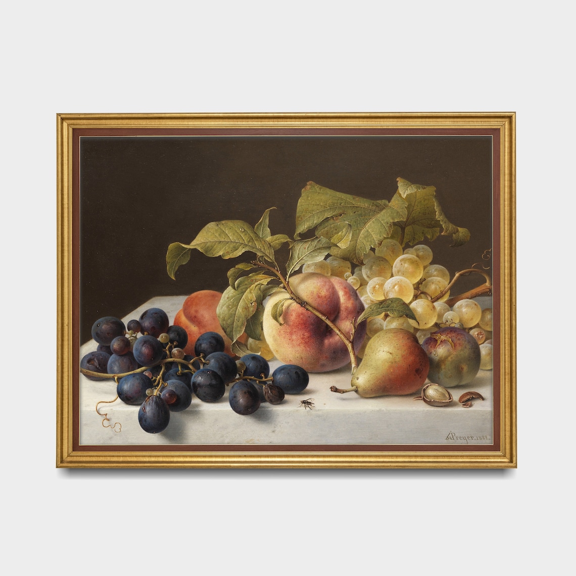 Still Life of Grapes Peaches and Pears Antique Fruit Painting Print - Image 5