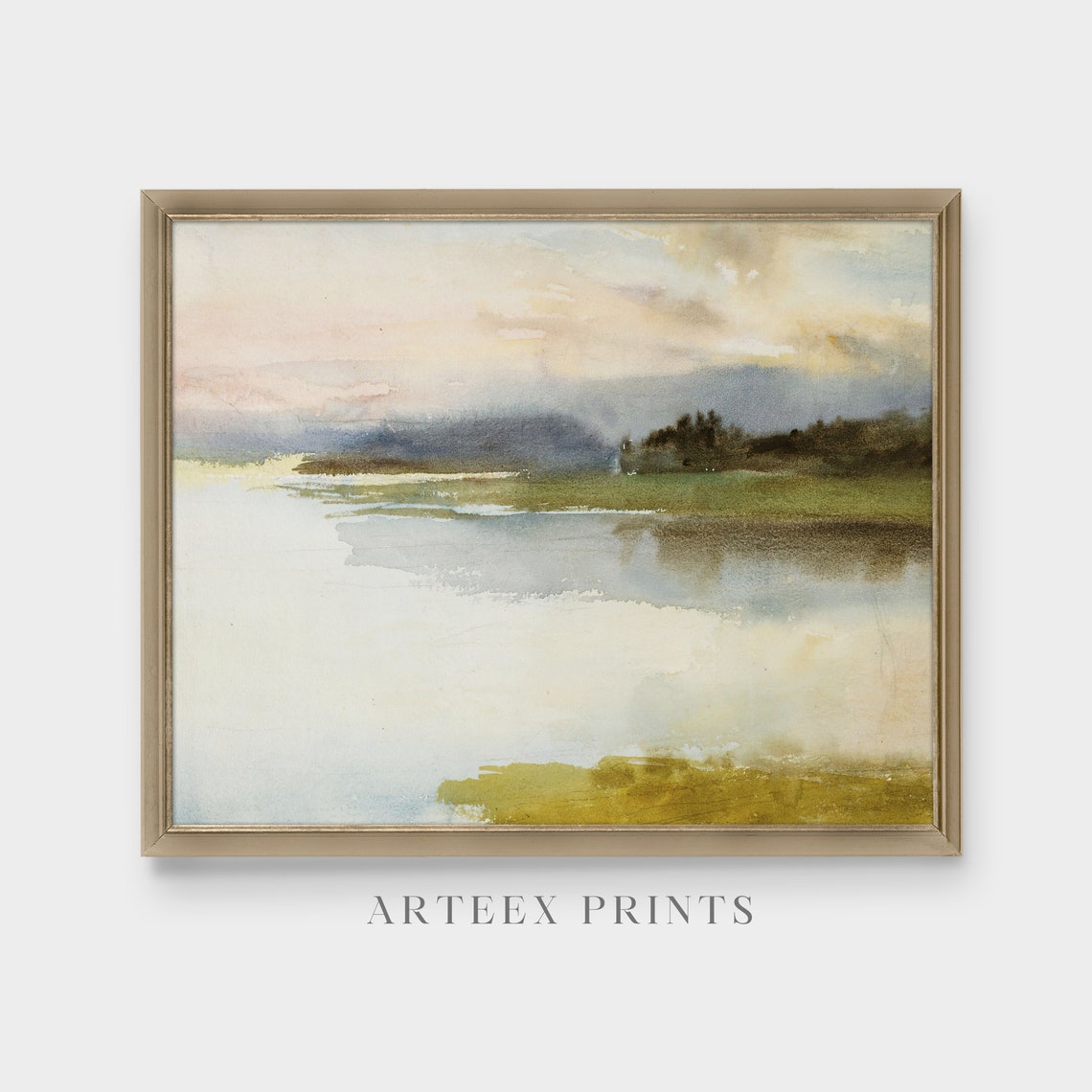 Misty Lakeshore Watercolor Landscape at Dusk Antique Art Poster - Image 4