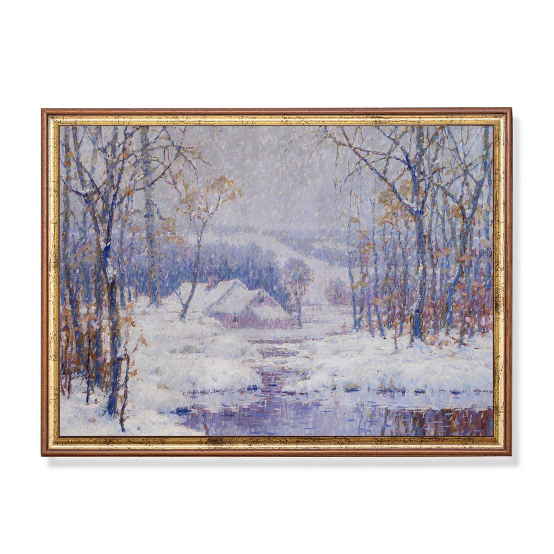Snowy Cabin Stream Impressionist Winter Landscape Art Poster