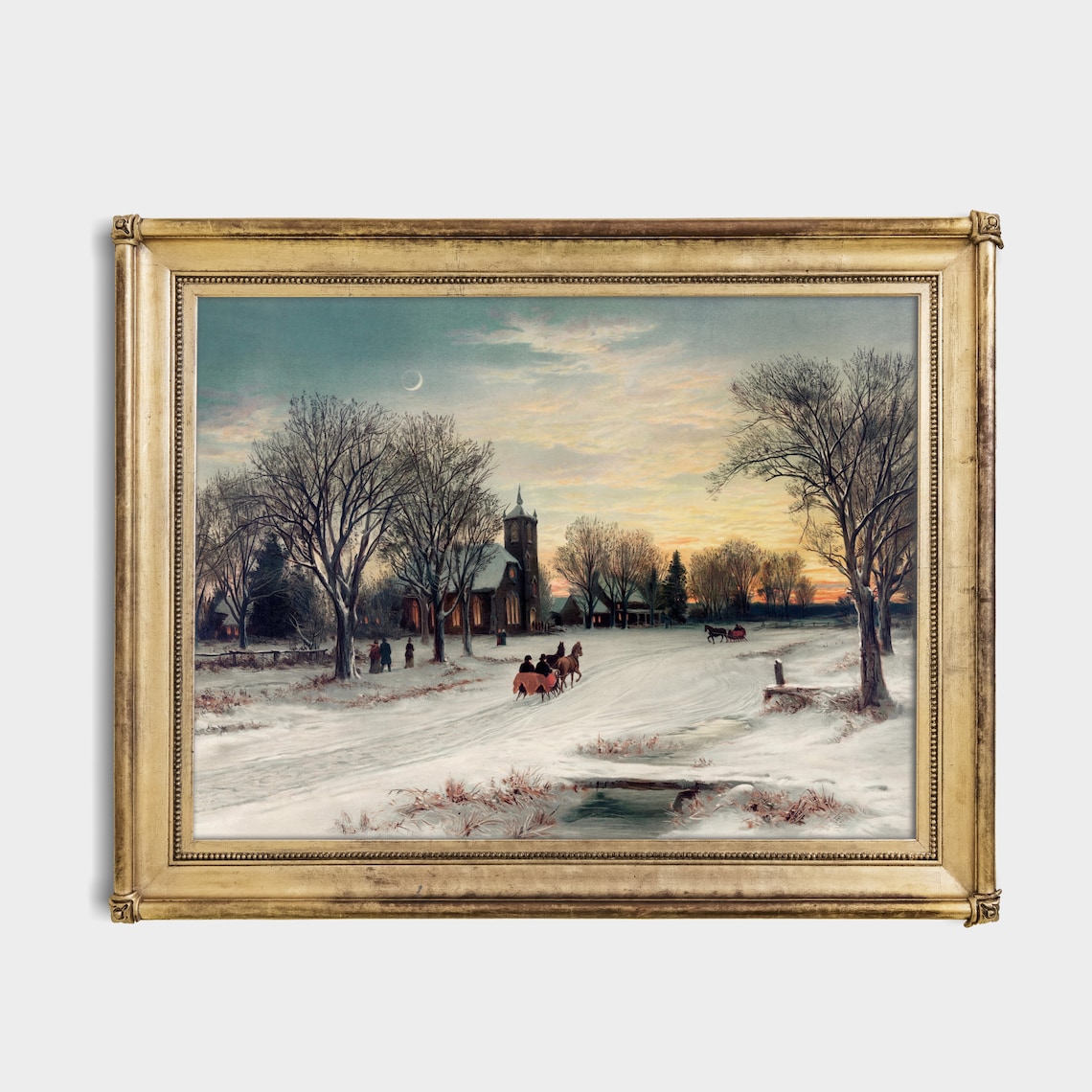 Village Church in Snow at Sunset with Horse Sleigh Winter Poster - Image 2