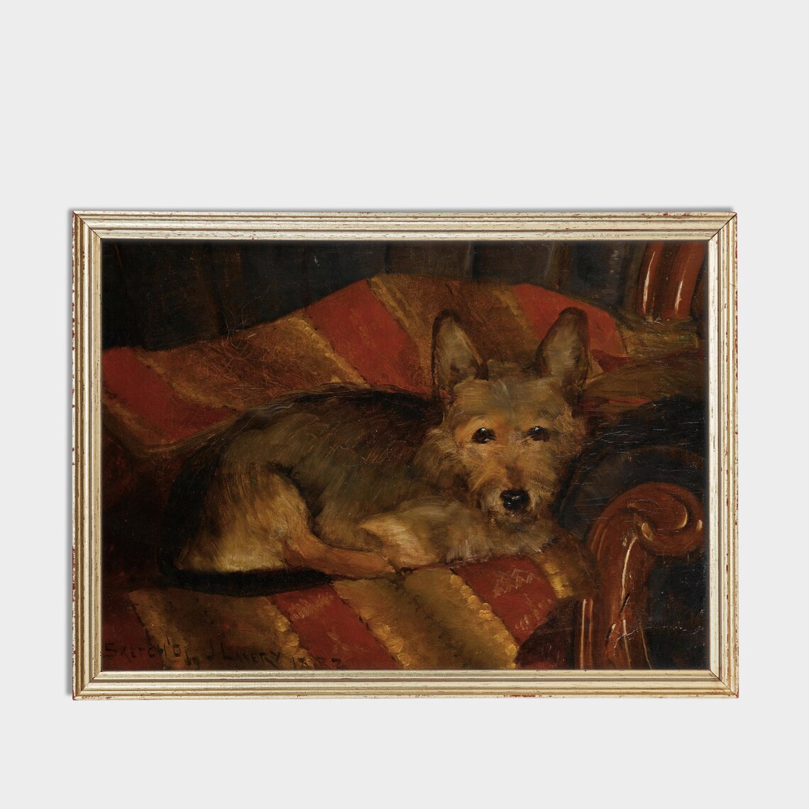 Scruffy Terrier Resting on Armchair Vintage Oil Painting Poster - Image 3
