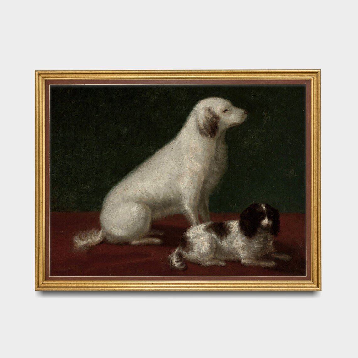 Two Spaniels Resting Together on a Red Cloth Antique Dog Poster - Image 3