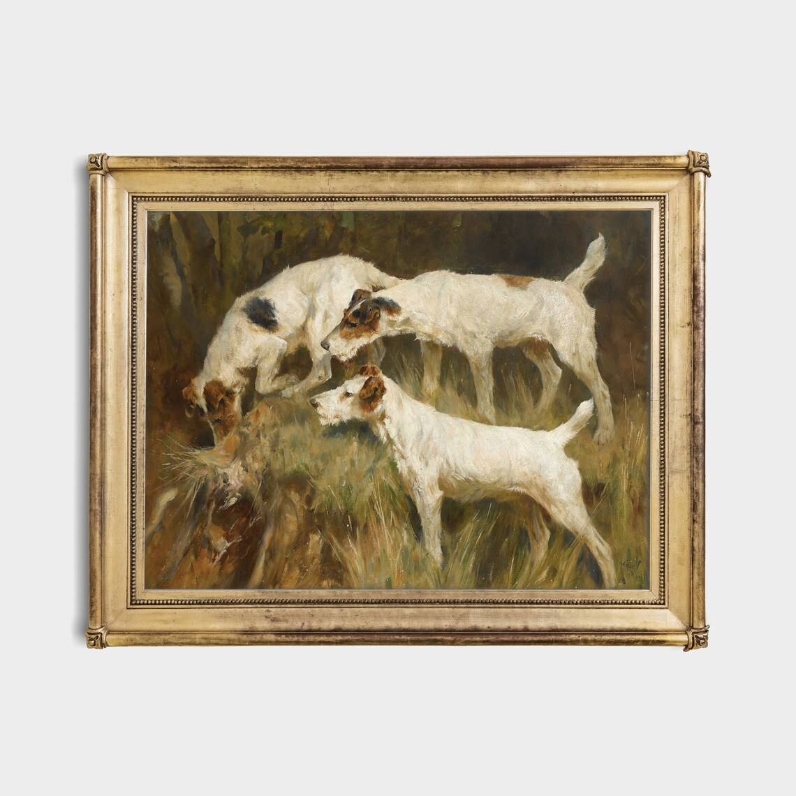 Three Fox Terriers Sniffing at a Burrow in the Dark Woods Poster - Image 4