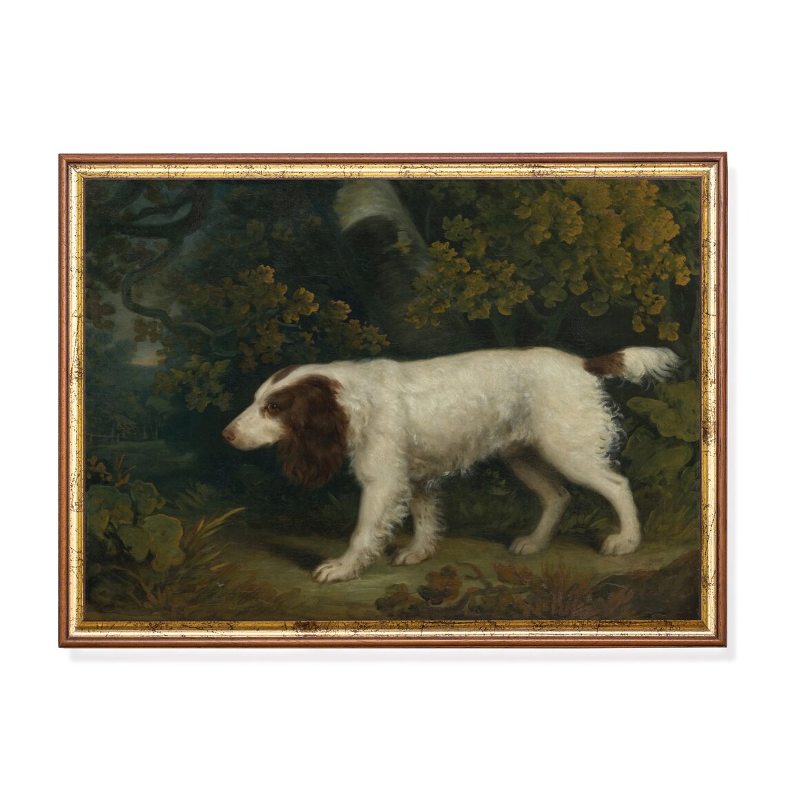 Vintage Dog Painting Art Print, Spaniel Landscape
