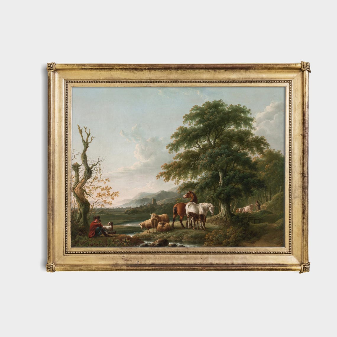 Shepherd with Horses Sheep and Dog by a Stream Pastoral Poster - Image 3