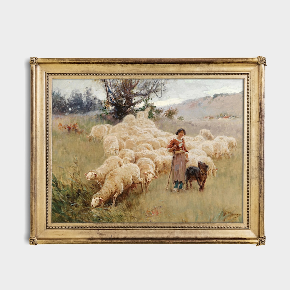 Vintage Shepherdess Guiding Her Flock of Sheep Painting Poster - Image 2