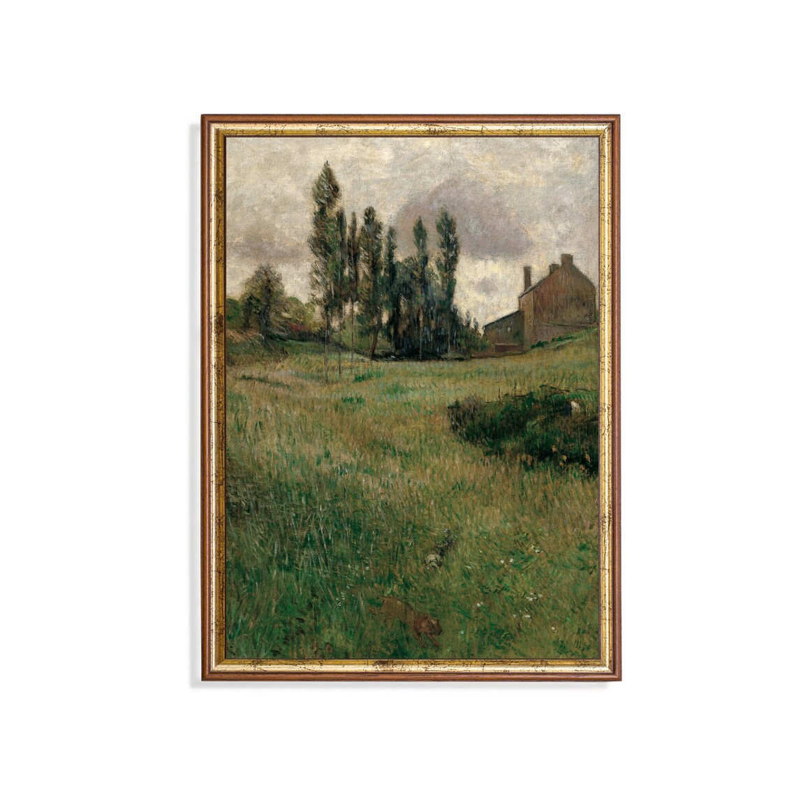 Poplar Trees and Farmhouse Meadow with Running Dogs Country Poster