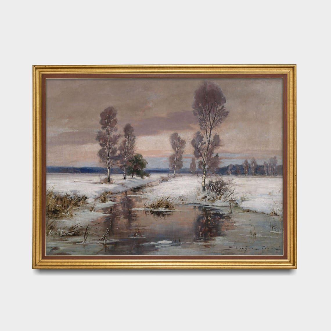 Birch Trees Snowy Stream Dusk Winter Landscape Signed Art Poster - Image 5