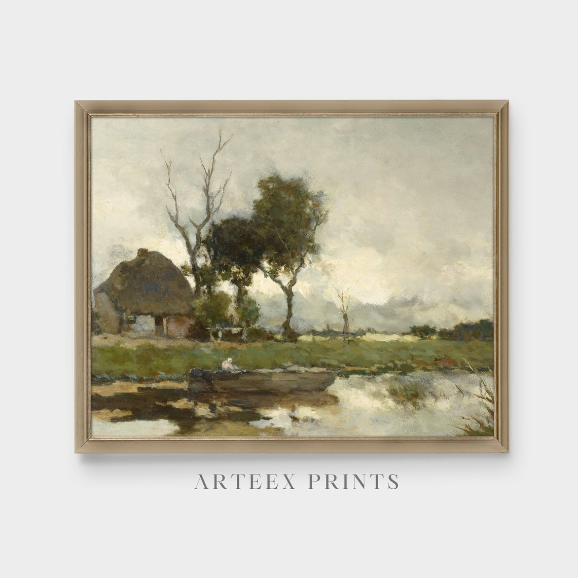 Thatched Cottage by a Still Pond Rustic Antique Landscape Art Poster - Image 3