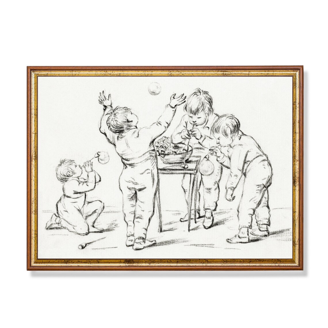 Children Playing Together Antique Ink Sketch Drawing Art Poster