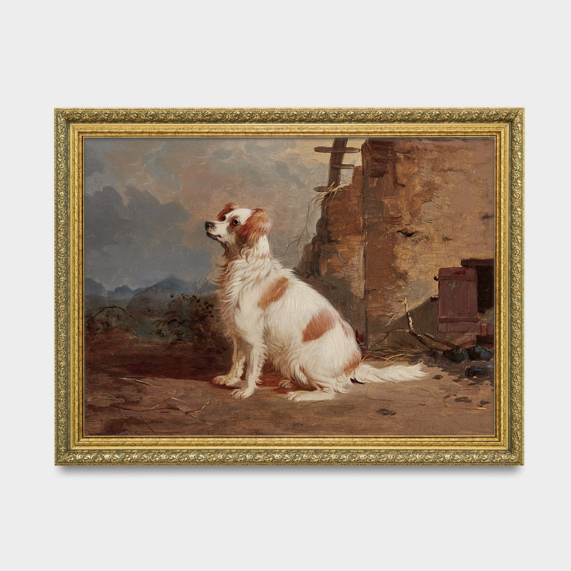 Vintage Cavalier Spaniel by Old Stone Wall Rustic Dog Portrait Poster - Image 2